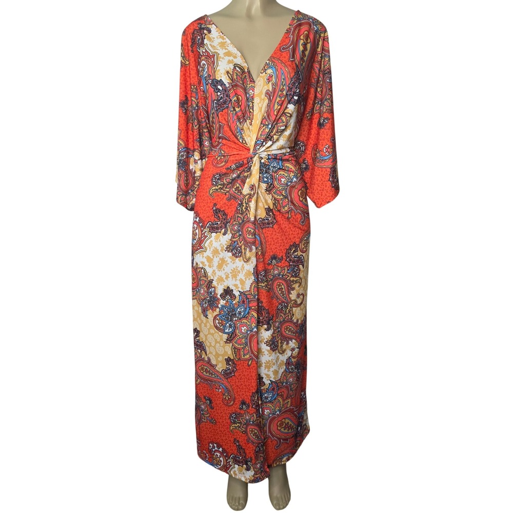 Venus Maxi Dress Women 1X Orange Paisley Twist Front V-Neck Boho J98167